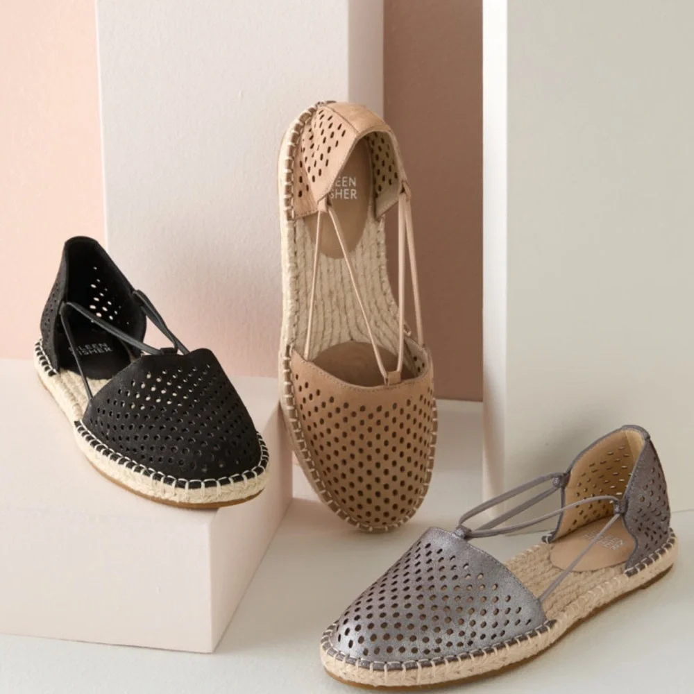 •EILEEN FISHER• Lee 2 Espadrille Sandal Black Perforated Nubuck Leather Size‎ 6